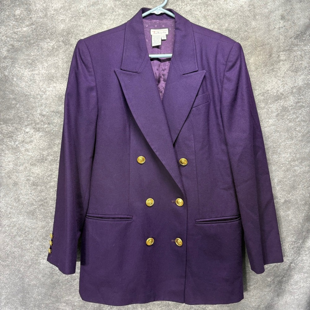 Talbots Vintage Purple Worsted Wool Double Breasted Blazer Gold Buttons Size 12